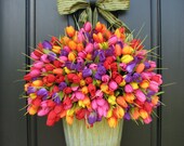 Large Bucket of Tulips, Bouquet of Flowers, Spring Tulips XXL, Front Door Decor Country French, Shabby Chic, Wreaths