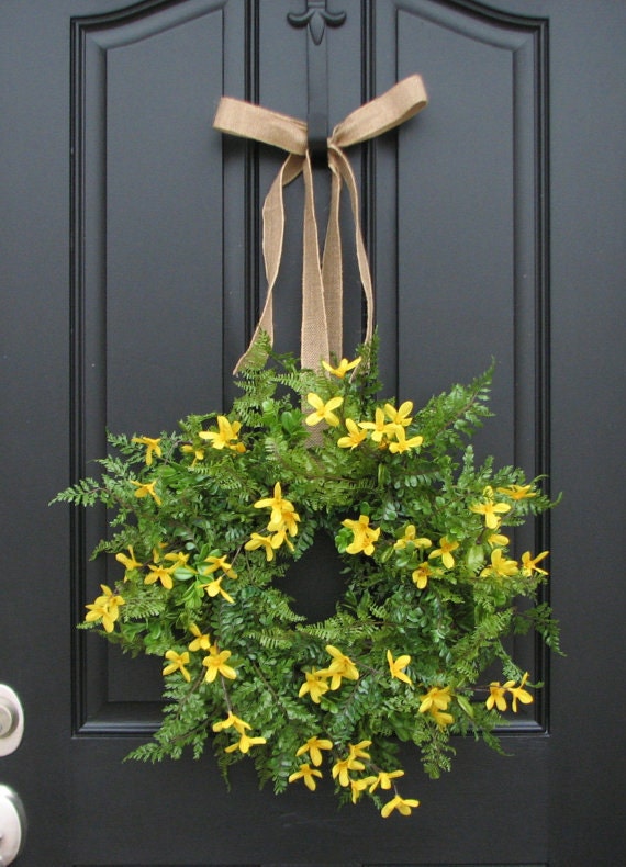 Spring Wreaths, Summer Wreaths, Boxwood, Fern, Burlap Bows, Forsythia Wreaths, Twoinspireyou, Etsy Wreaths, Spring Decor
