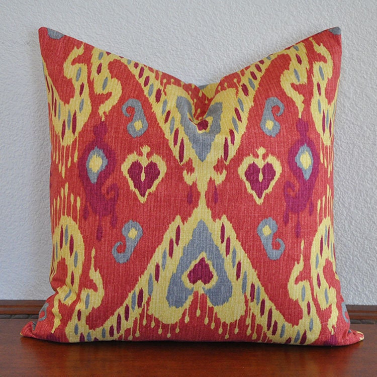 Decorative Ikat Pillow Cover 20x20 inches Red Orange Yellow and Aqua