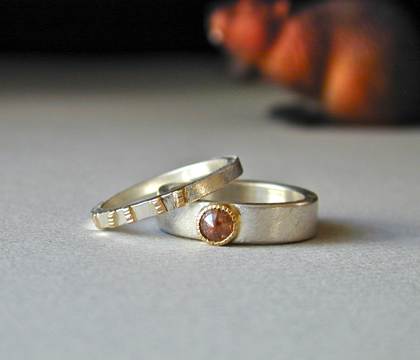 Rose Cut Diamond, Diamond Ring Set, Sterling Silver, 18kt Gold,14kt Gold, Cognac, Earthy, Rustic