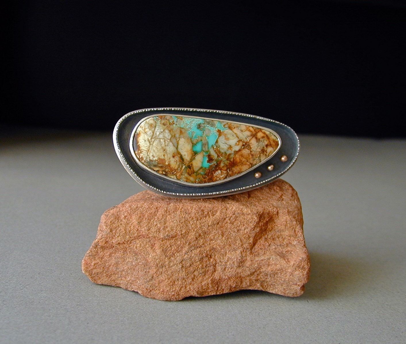 Turquoise Brooch, Boulder Turquoise, Nevada Boulder Turquoise, Sterling Silver, 14kt Gold, Mid Century Modern, Large