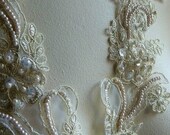 Beaded Lace Applique Pair in Gold Champagne Beaded and Embroidered Organza for Bridal, Headbands, Sashes, Costume Design PR 113