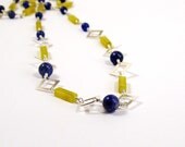 Long Silver Necklace, Sodalite Necklace, Olive Jade, Sterling Silver, Wire Wrap Necklace, Blue Green Necklace