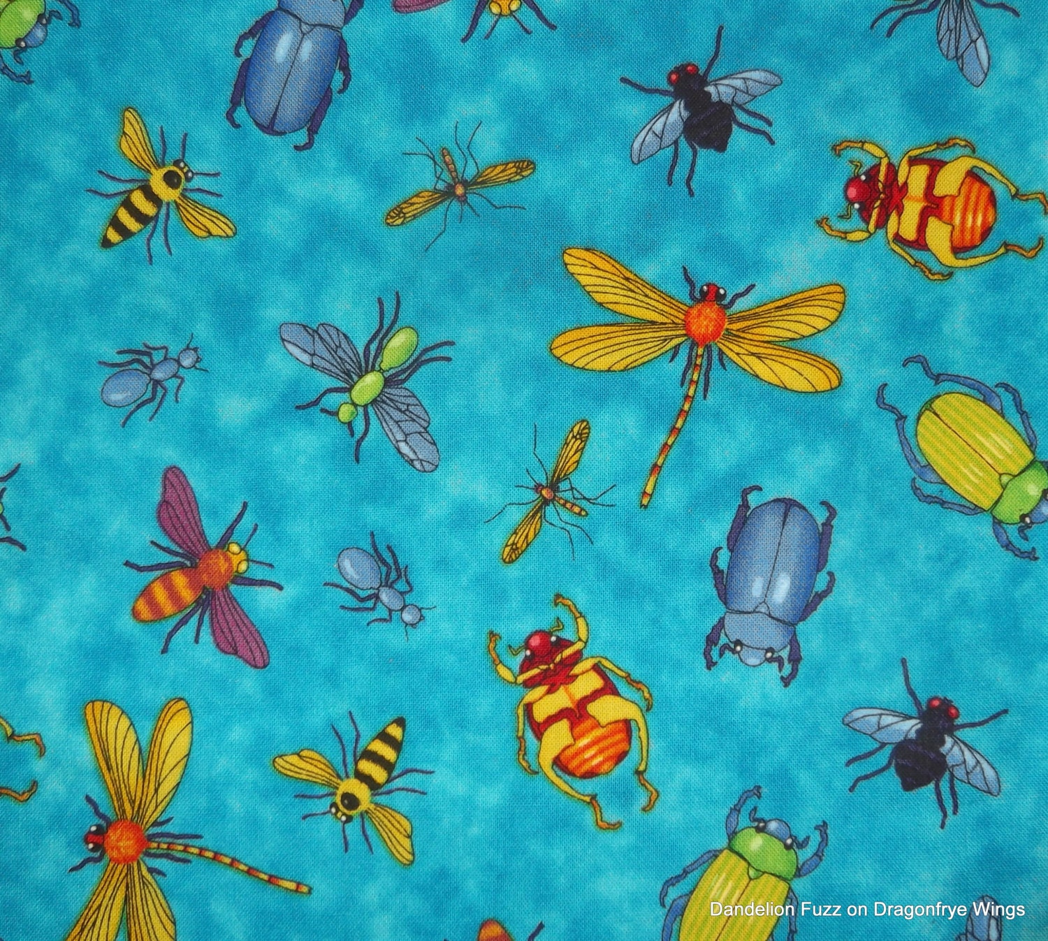 A Fourth of a Yard of Tossed Bugs on a Blue Background