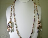 Lavender Pastel Picasso Glass Bead Tassel Necklace, 1960s, Wire Linked Beads Peppered with Lustered Speckles of Colors, Unusual
