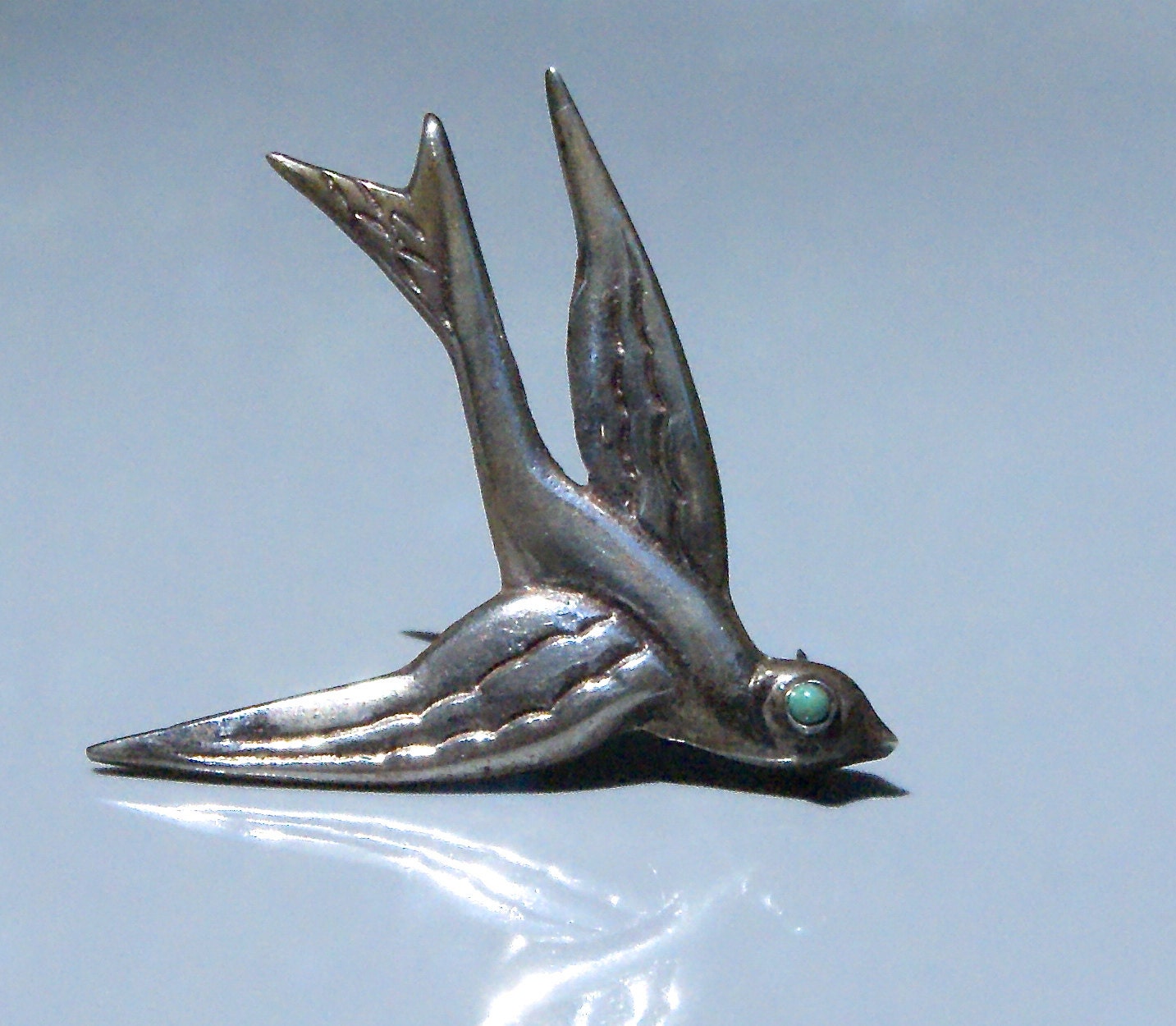 Vintage 1940s HUGE Mexico Silver Pin Bird Turquoise BROOCH