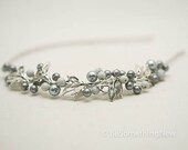 beaded headband in gray in ivory with vintage jewelery links, women hair accessories