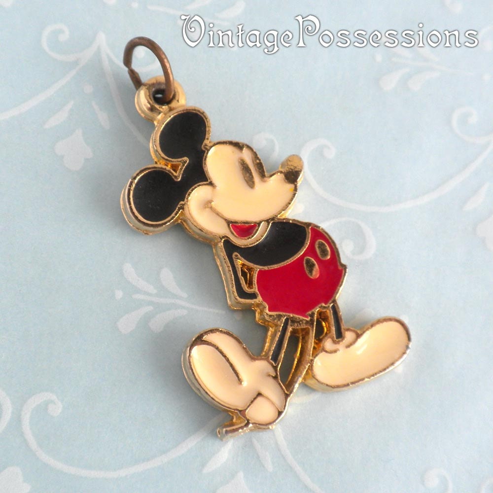 Vintage Mickey Mouse Enamel Pendant Charm from Walt Disney - Gold Tone