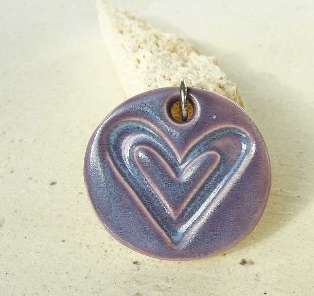 Purple Heart Ceramic Pendant, ceramic jewelry, lavender heart necklace, handmade from porcelain clay,