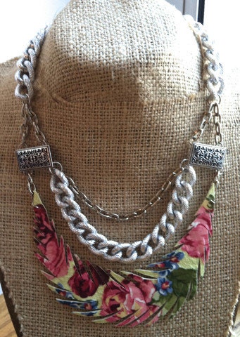 Green and pink floral brooch and chain recycled leather necklace