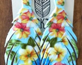 Blue and yellow floral print large recycled leather feather earrings