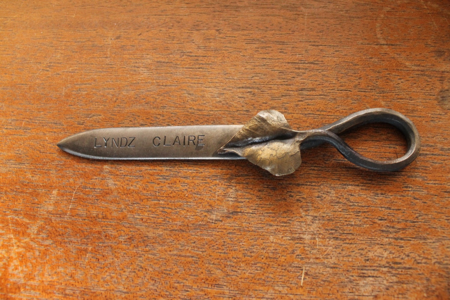Handforged Letter opener - Personalized Handforged iron and golden leaf letter opener - Great Gift Idea