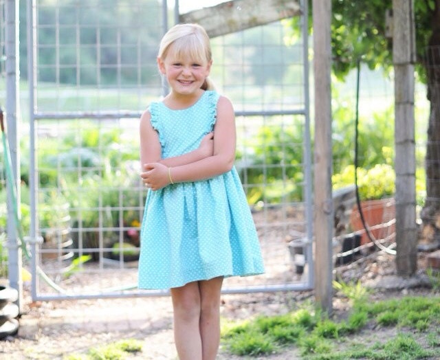 Girls dress- size 4-8 girls- vintage inspired design in turquoise dot