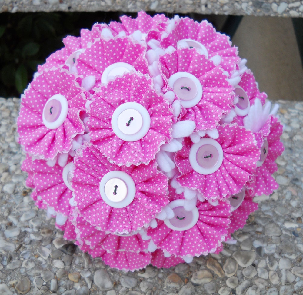 Pink and White Polka Dot Wedding Bouquet Buttons Fabric Flowers