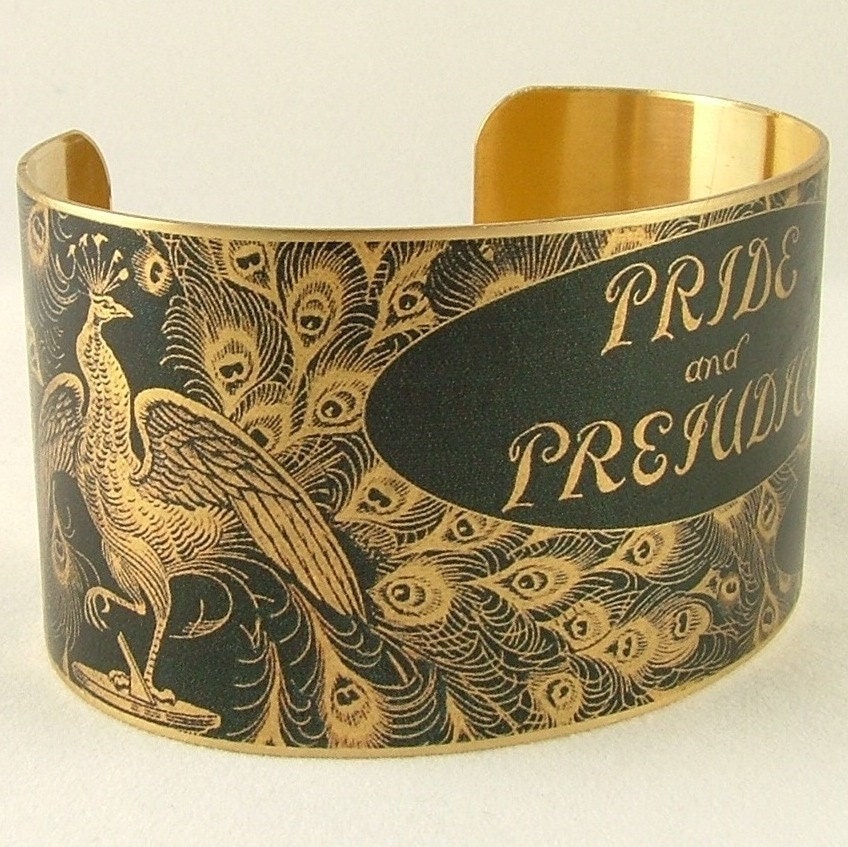 Pride and Prejudice Jewelry - Peacock Book Cover Art - Brass Cuff in Dark Blue Navy