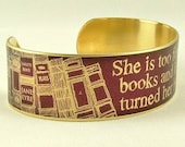 She Is Too Fond Of Books - Louisa May Alcott Literature Quote SLIM Brass Cuff in Purple - Book Jewelry