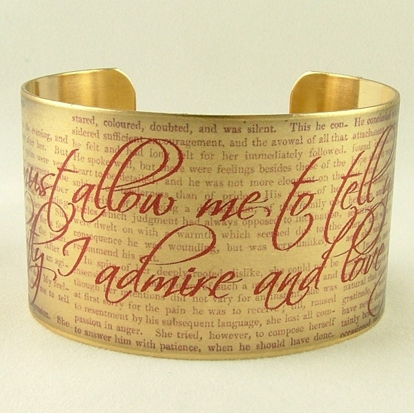Jane Austen Jewelry Pride and Prejudice Literary Book - Marriage Proposal - Brass Cuff Bracelet in Red