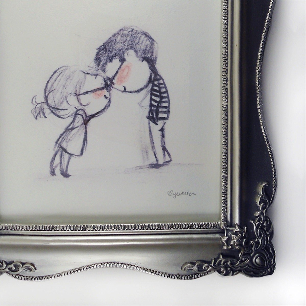 Clink illustration print - rosy pink cheeks nerds kissing - perfect gift for your love, a wedding, valentine, or anniversary