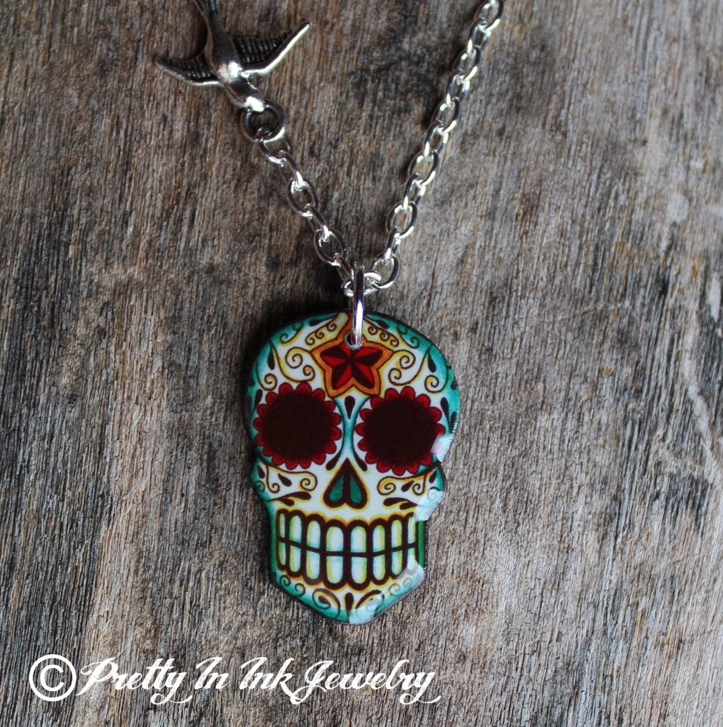Day of the Dead filigree Sugar Skull with Small Swallow Necklace on a Silver Plated OR Antiqued Brass Chain