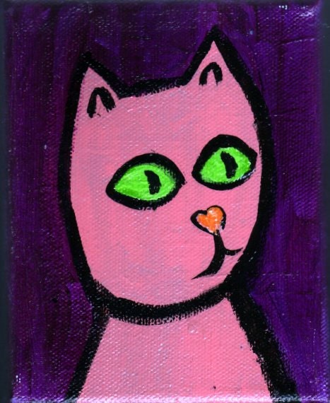 Bubblegum Kitty 4x5 inches Acrylic on Canvas Cat Art