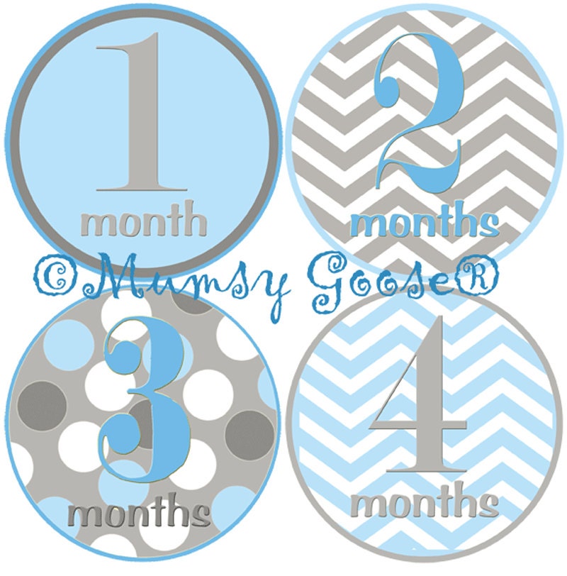 Baby Boy Monthly Age Stickers Baby Months Stickers Boy Onsies Month Baby stickers Blue Grey Chevron Milestone