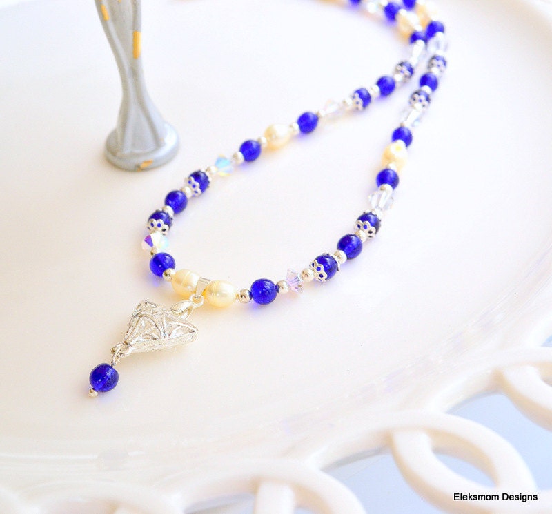 Bright blue druk bead natural freshwater pearl  necklace iinteresting silver drop