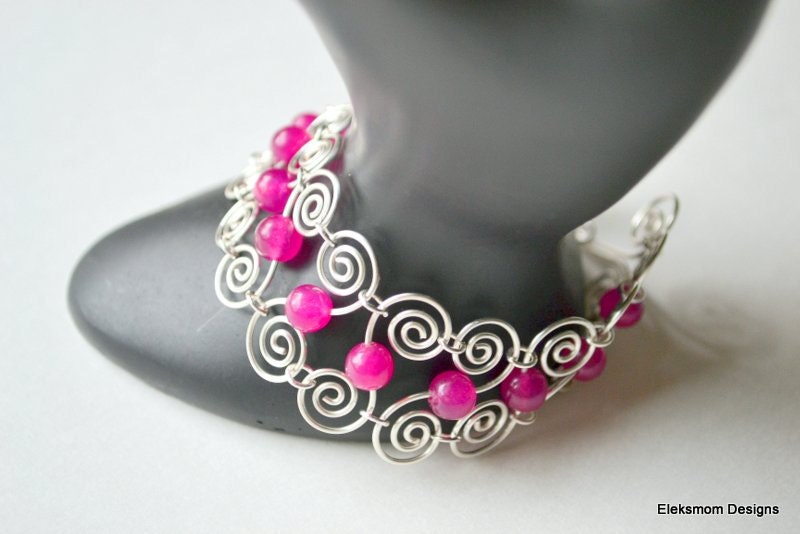 Silver wire work silver cuff bracelet fuschia candy jade beads