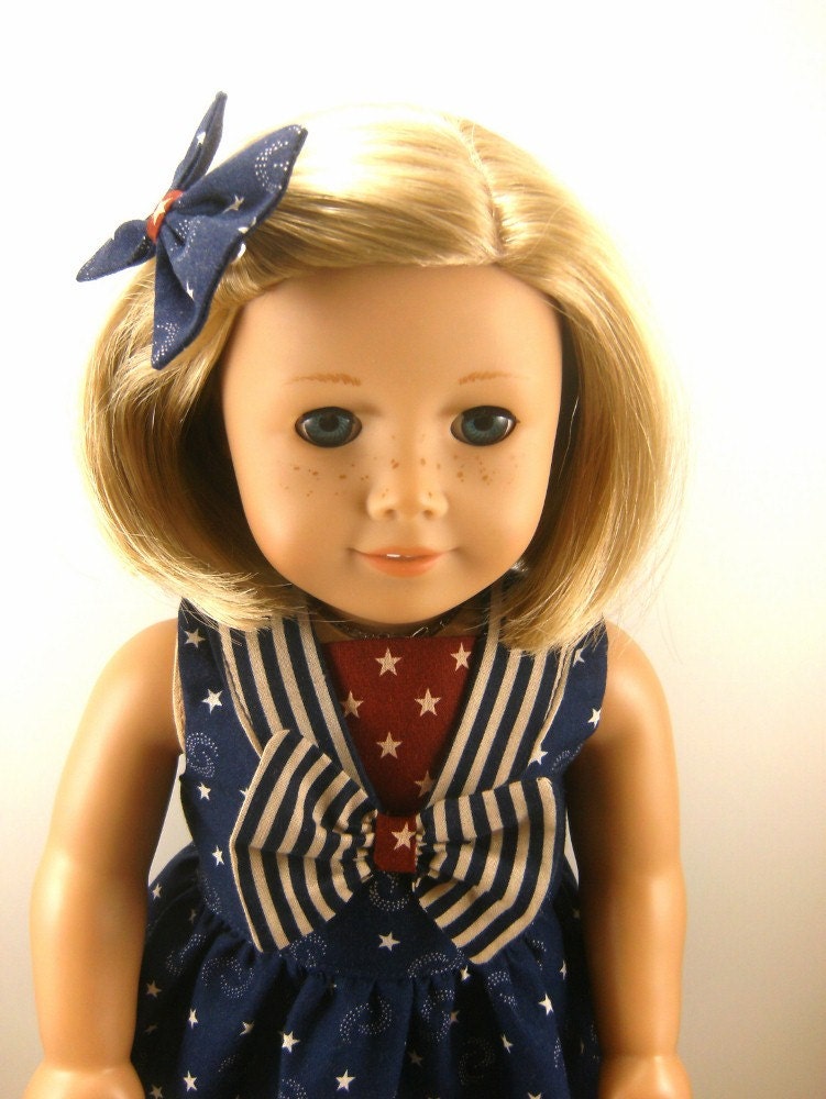Fits American Girl Doll - Other 18 Inch Dolls - Nautical 4th of July Americana Dress Red White and Blue and Hair Bow One of A Kind