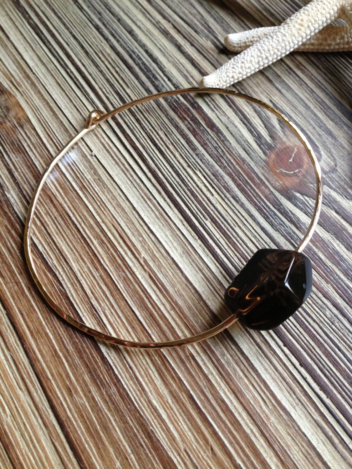 14k Gold Filled Hammered Thin Knotted Bangle Bracelet with Large Smokey Quartz Gem Stone... Free Shipping...Badkittyhawaii