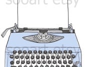 blue pastel Typewriter old with paper --Original Illustrate Drawing  Print transfer on Pillows, t-shirts, scrapbook, lampshades  ETC.v