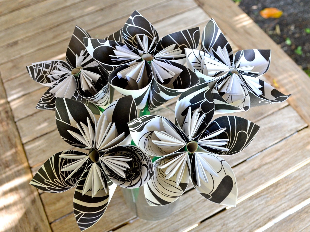 Black and White Recycled Paper Flowers (5 Medium Size)