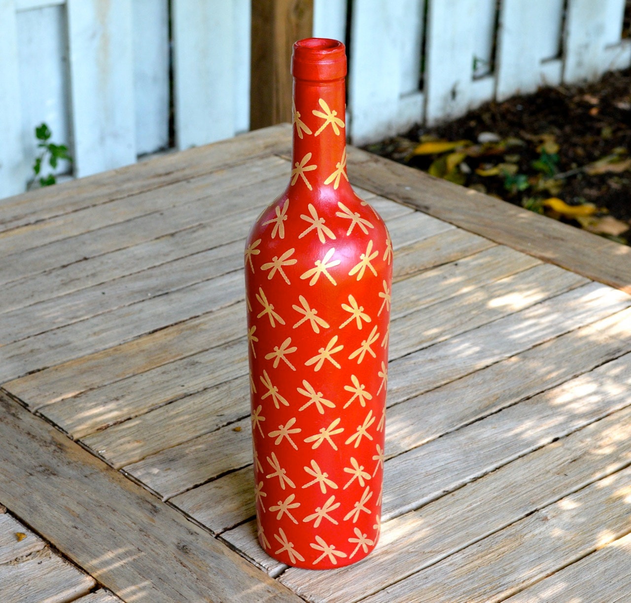 Red Dragonfly Inspired Upcycled Decorative Glass Bottle