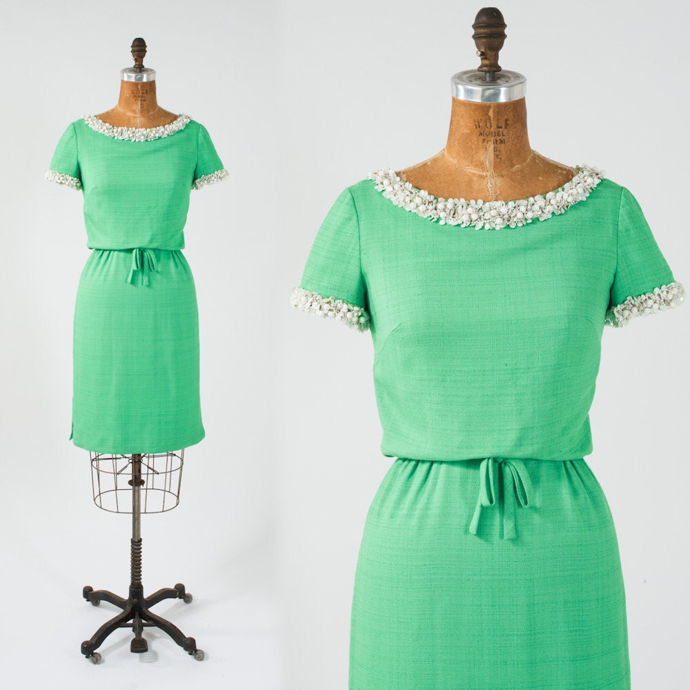 1950's Green Linen Wiggle Dress with Beaded Sequin Rhinestone Trim