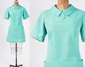 1960's Aqua Waitress Uniform Nylon Mini Dress Diner Luncheonette Waitress