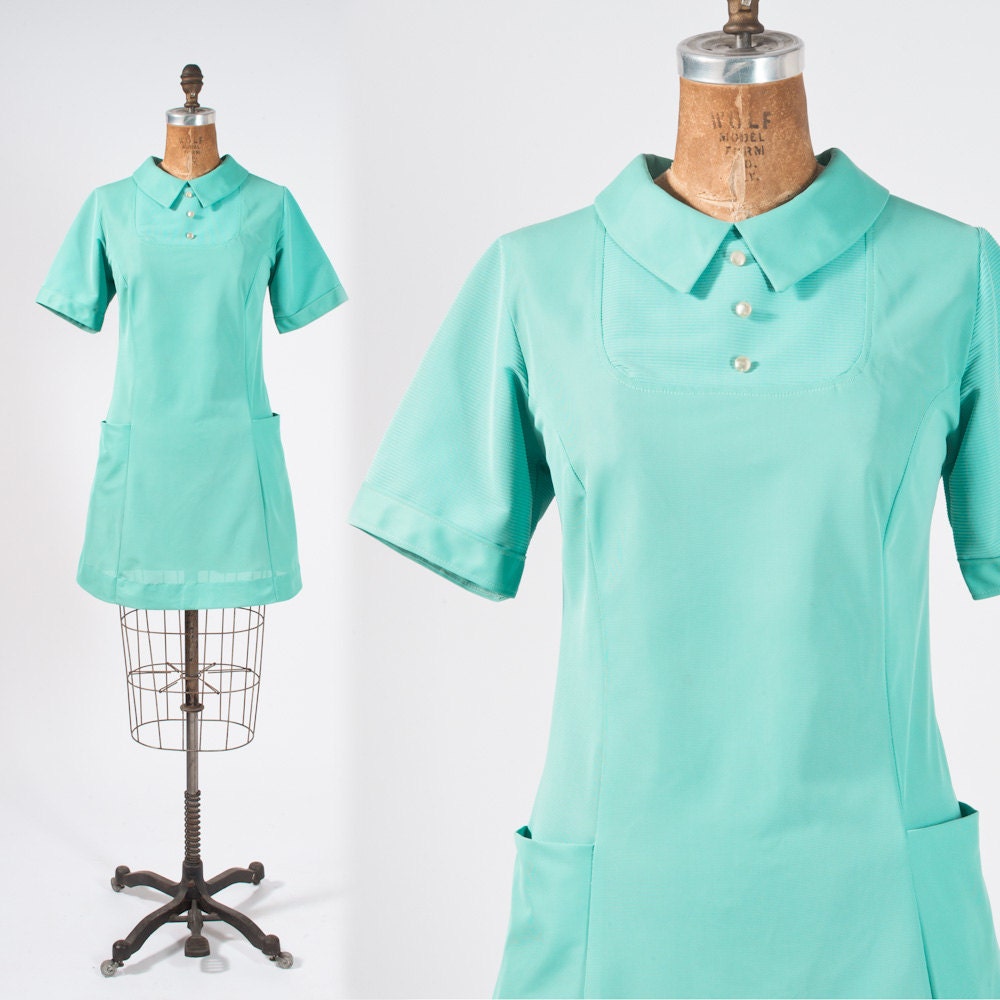 1960's Aqua Waitress Uniform Nylon Mini Dress Diner Luncheonette Waitress