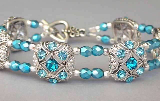 Aqua blue bracelet, Czech glass and blue crystal spacers, double strand