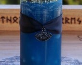 EVIL EYE REMEDY Misty Blue Pillar Candle w/  Black Studded Amulet to Protect from Jealous Enemies, Reverse Baneful Magic, Return to Sender
