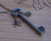 Big SKELTON KEY Voodoo Witch Talisman Necklace w/ Vintage Old English Iron Key, Crossbones Skull, Pentacle, 24" Bronze Chain in Jewelry Bag
