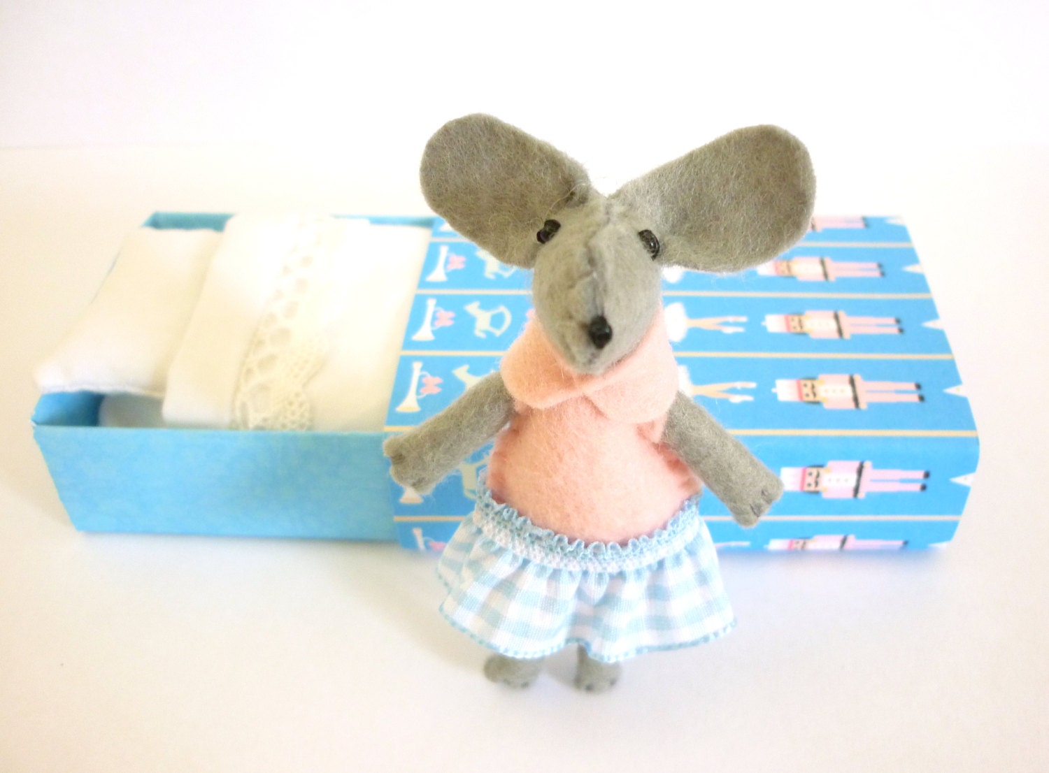 Light blue miniature plush dancer Felt mouse in match box Clara and the nutcracker