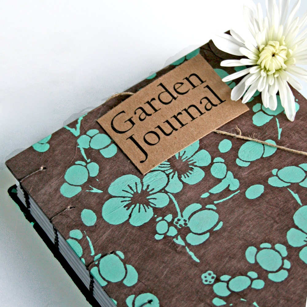 Garden Journal The Essentials with Aqua Blossoms on Coffee Brown -Available to Ship NOW