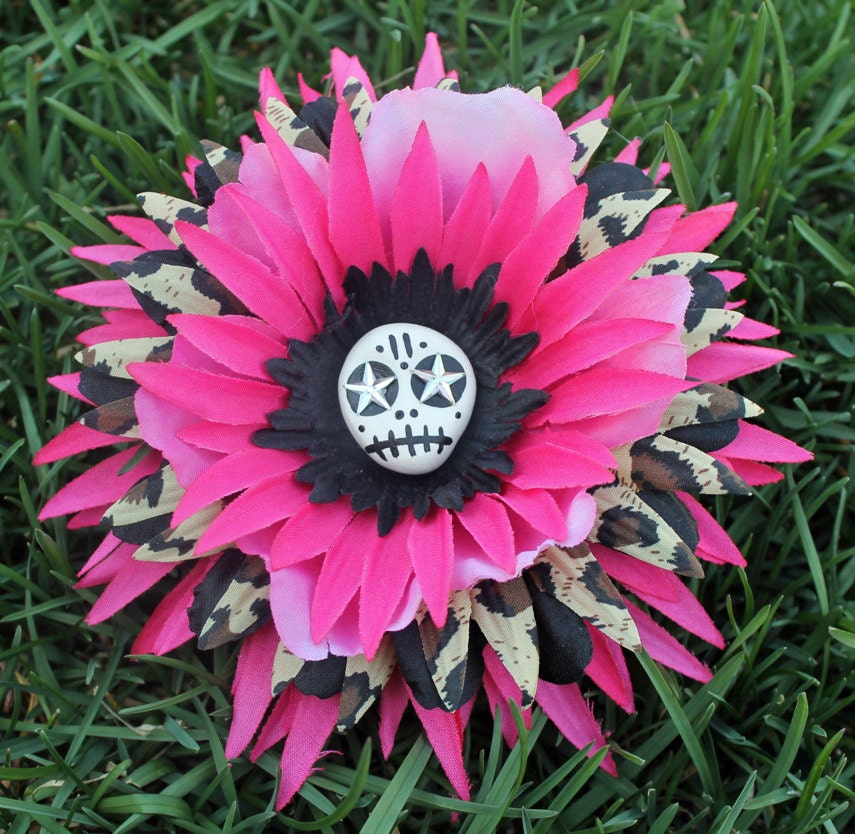 Leopard, Pink, and Black Sugar Skull Combination Hair Clip and Pin