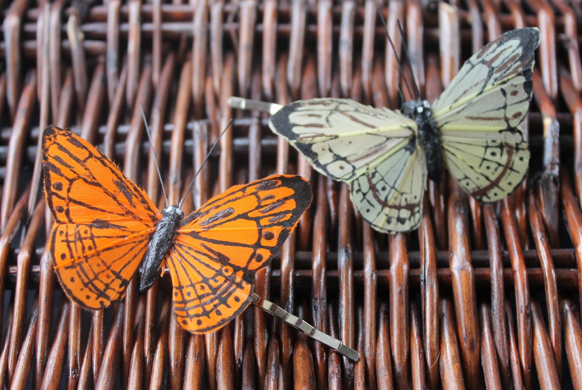 Orange & Khaki Butterfly Bobby Pins (Set of 2)