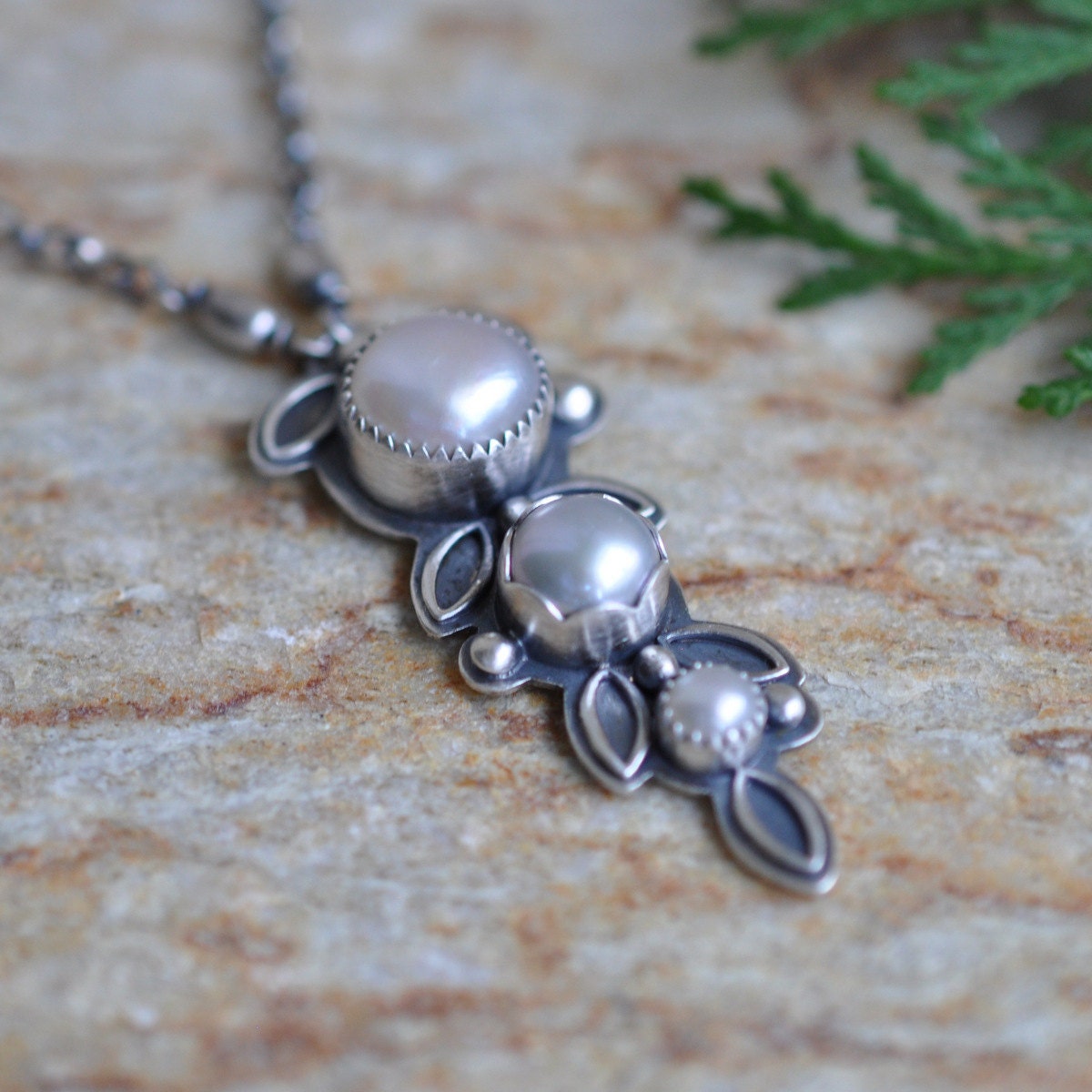 xX RESERVED Xx Freshwater Pearl Necklace in Oxidised Sterling Silver - Barley Necklace in Pearl