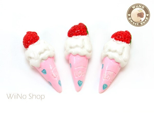 3D Strawberry Top Pink Ice Cream Cone Cabochons Deco - 2 pcs