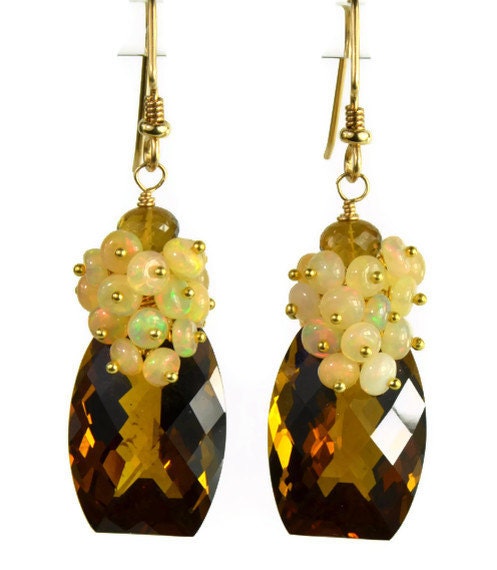 Valentines Sale-Cognac Topaz Opal Gemstone Dangle Earrings, 14k Gold Filled Wire Wrapped Earrings