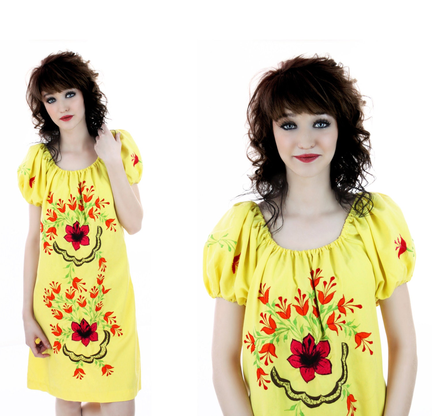 60s Mexican Dress Embroidered Floral Babydoll Hippie Boho Ethnic Oaxacan Dolly Puff Sleeves 1960s 1970s 70s Vintage Small S Medium M