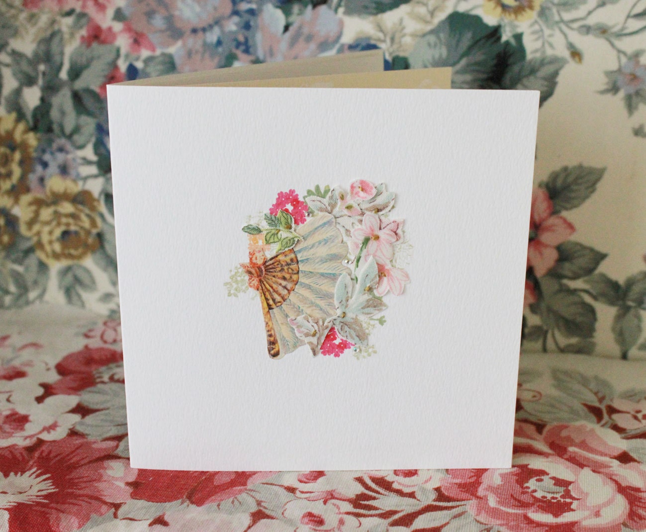 Fabric collaged 'floral arrangement' card - blank. (no.4)