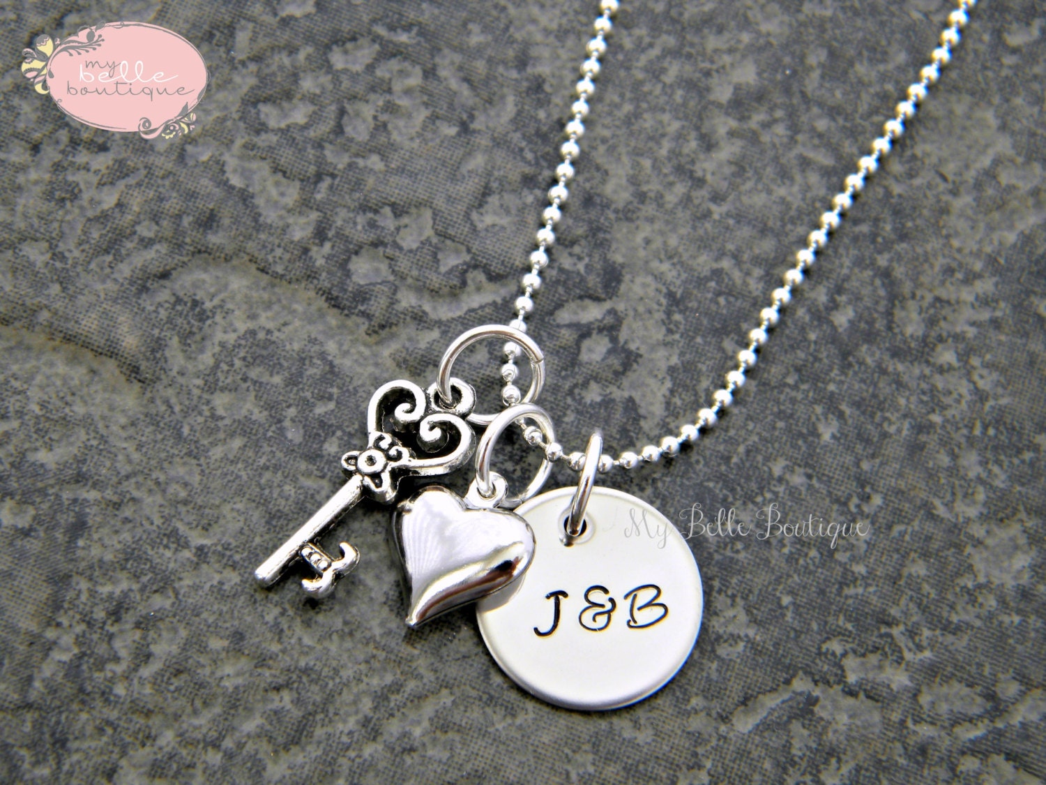 Personalized Hand Stamped Necklace with Key and Heart Charms