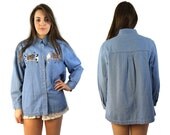 Vintage Denim Chambray Embroidered Cat Button Up Collared Blouse