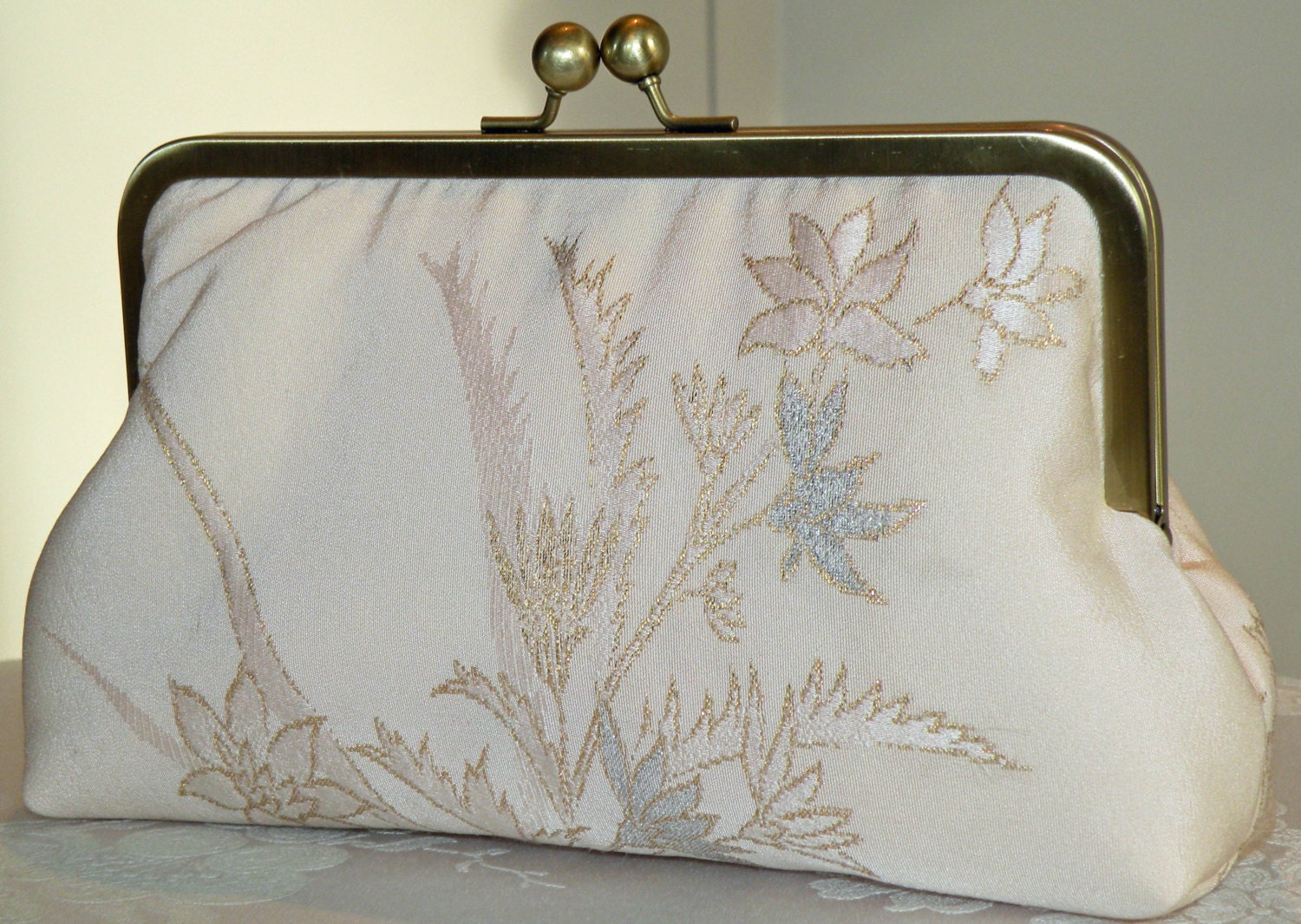 Clutch/Purse/Bag..Gold Silver Pastels..Orchid Cherry Blossom Floral Silk Kimono..Bridal..Wrap/Scarf to match..Free monogram..Ready to Ship